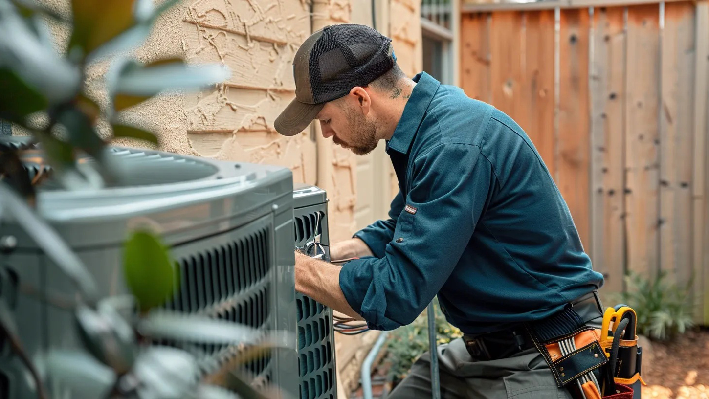 Service tech repairing an AC unit