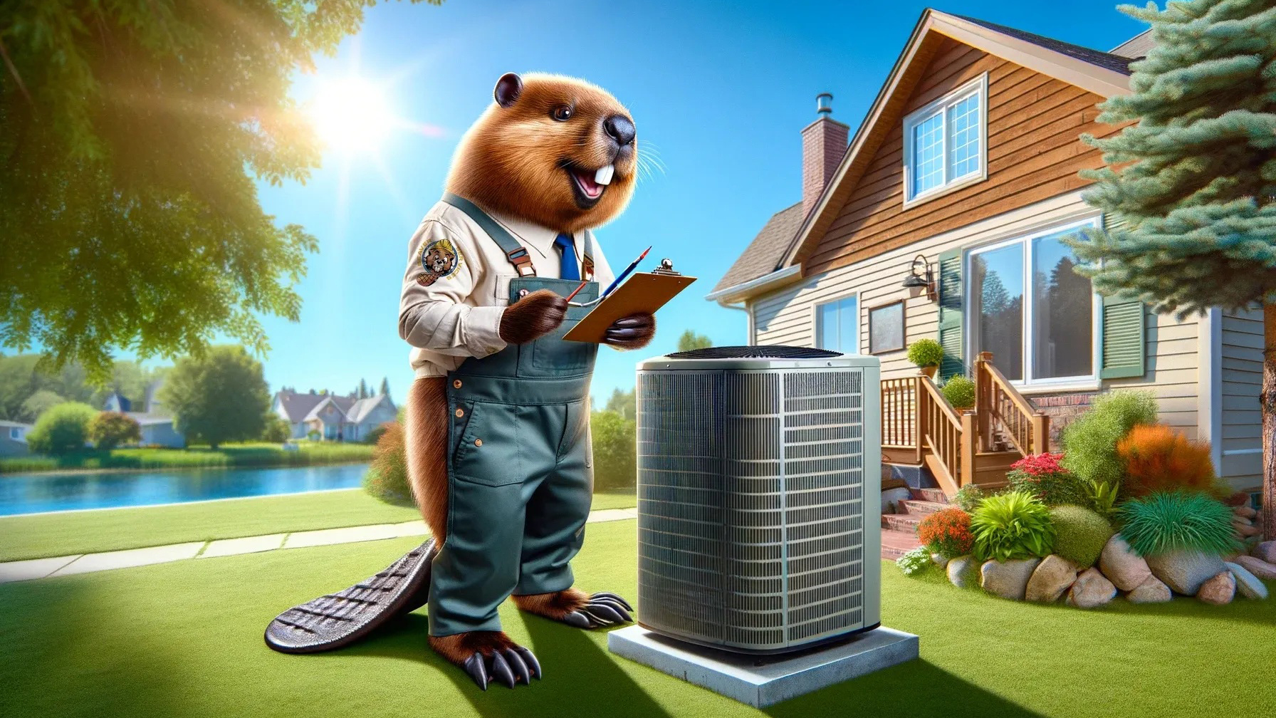 Beaver with a checklist and AC unit